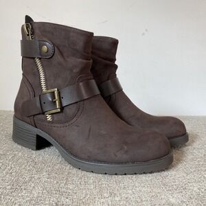 Dunes Womens Max Moto Faux Suede Ankle Boots Size 7.5 Buckle Edgy Baddie Brown